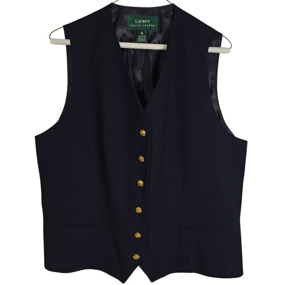 Vintage Ralph Lauren Women's Navy Wool Vest Sz 14 Equestrian Gold Buttons Preppy - Picture 1 of 8